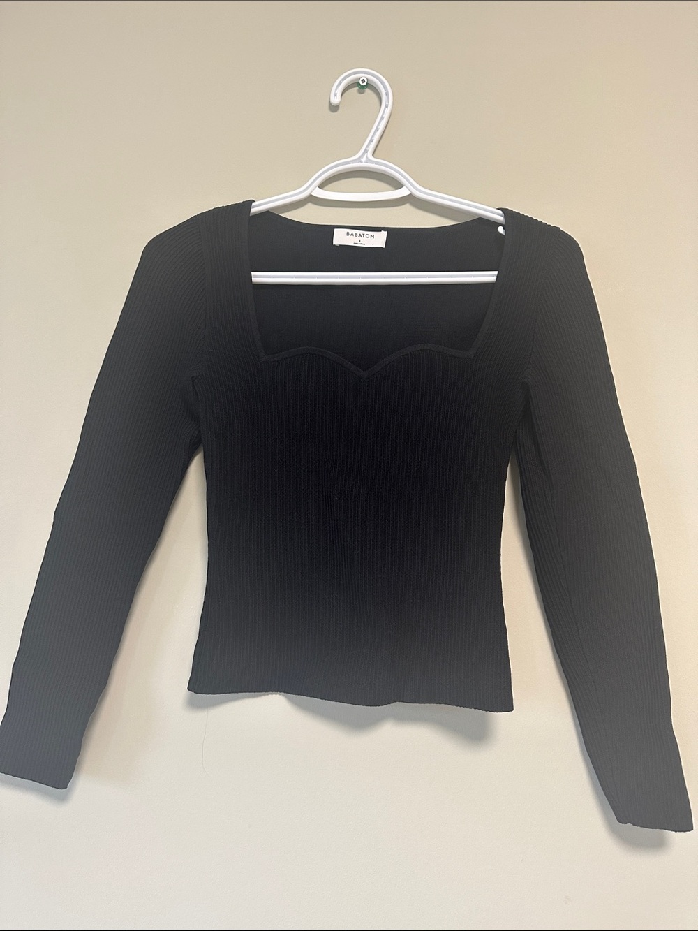 Babaton Black Ribbed Long Sleeve Square Neck Top - Slim Fit